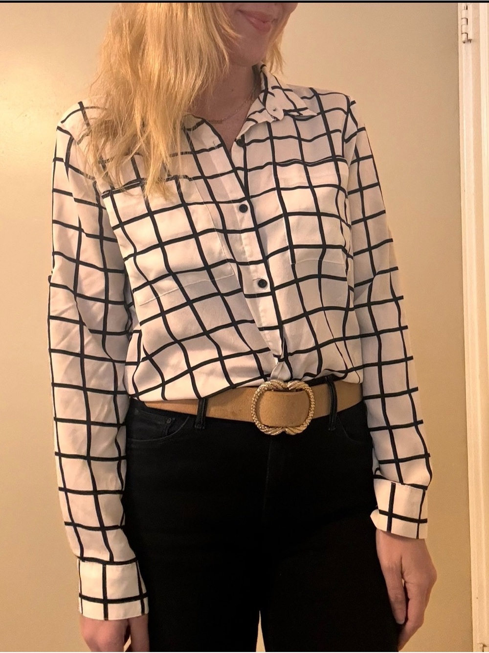 Calvin Klein Windowpane Button Down Blouse | Minimalist